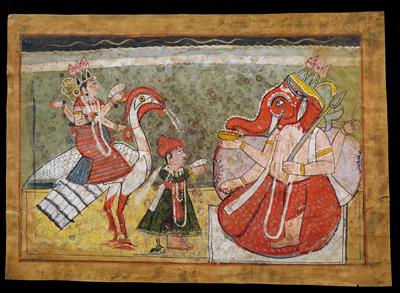 Indien, Miniaturmalerei auf Papier: Die Göttin Sarasvati huldigt dem elefantenköpfigen Glücksgott Ganesha. - Antiques and Paintings