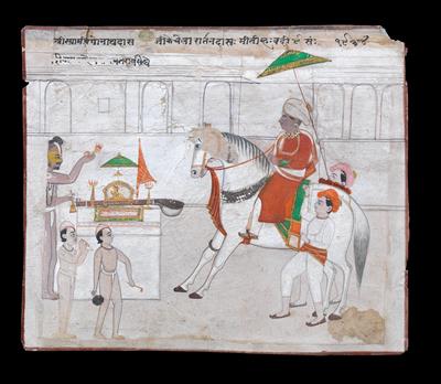 Indien, Miniaturmalerei auf Papier: Ein Maharaja reitet zu einem Tempel. - Antiquariato e Dipinti