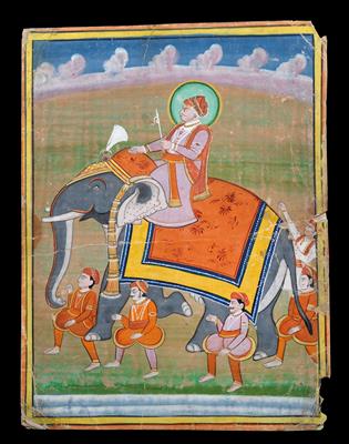 Indien, Miniaturmalerei auf Papier: Ein Maharaja, auf einem Elefanten reitend. - Letní aukce