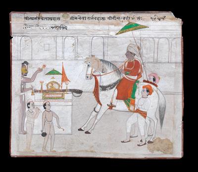 Indien, Miniaturmalerei auf Papier: Ein Maharaja reitet zu einem Tempel. - Letní aukce