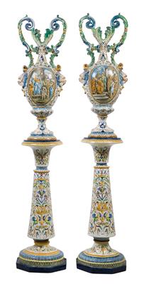 1 Paar Prunkhenkelvasen auf Säulen, - Saisoneröffnungs-Auktion Antiquitäten & Bilder