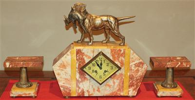 Art deco Marmor Kamingarnitur"Jagdhund mit Hase" - Antiquariato e Dipinti