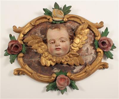 Engelsköpfchen vor Ornament mit Rosenblüten, - Antiquitäten & Bilder