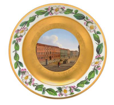 Veduta plate with depiction of the Hotel de Brandebourg in Berlin, - Oggetti d'arte (mobili, sculture, Vetri e porcellane)