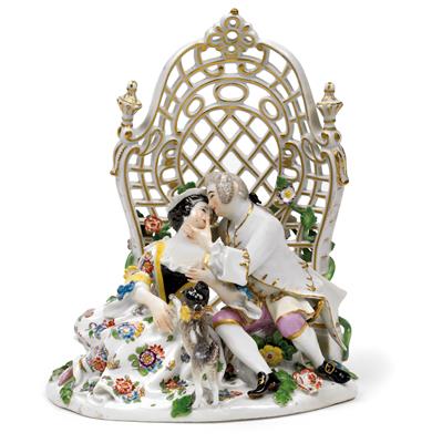 A pair of lovers seated with pug dog in a bower, - Works of Art (Furniture, Sculpture, Glass and porcelain)