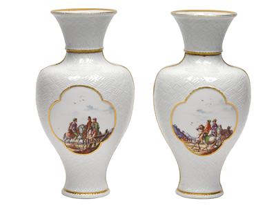 A pair of vases with Turkish mounted combatants and European soldiers, - Works of Art (Furniture, Sculpture, Glass and porcelain)