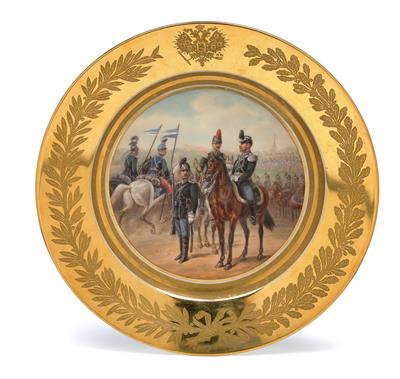 Russischer Teller mit Militärszene datiert 1883, - Antiquitäten (Möbel, Skulpturen, Glas und Porzellan)