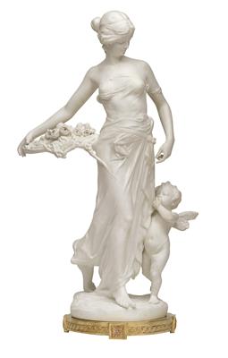 Young lady walking and carrying a basket of flowers in her right hand, - Works of Art (Furniture, Sculpture, Glass and porcelain)