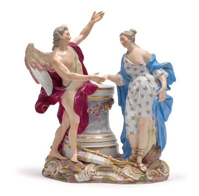 A large winged Cupid offering his hand to a young lady, - Works of Art (Furniture, Sculptures, Glass, Porcelain)