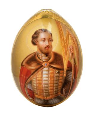 A Russian porcelain egg with portrait of ‘Alexander Newski’, - Starožitnosti (Nábytek, Sochařská díla)