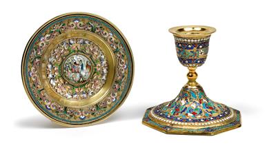 Russischer Cloisonné Kerzenleuchter und Untersatz, - Antiques and Paintings