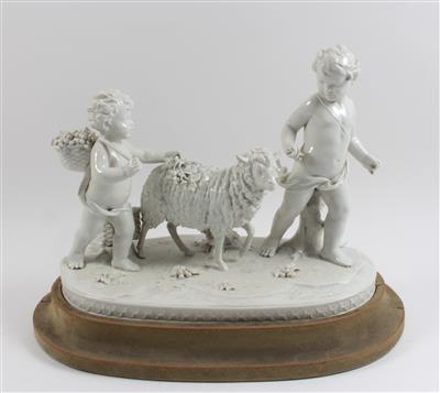 2 Kinder mit Schaf, - Sommerauktion - Bilder Varia, Antiquitäten, Möbel/ Design