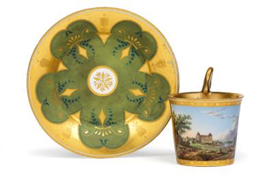 "Vue de l'Abbaye de KlosterNeuburg" Veduten-Tasse mit Untertasse, - Antiquitäten (Möbel, Skulpturen, Glas und Porzellan)