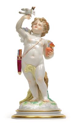 Cupid holding a carrier pigeon and flaming heart in his hands, - Oggetti d'arte (mobili, sculture, Vetri e porcellane)