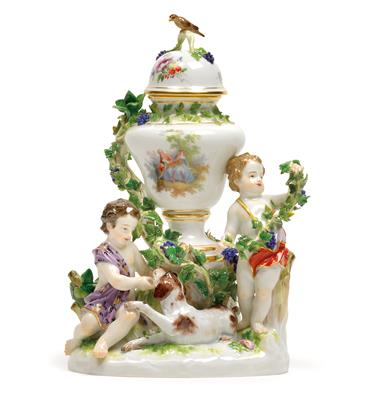 A vase and cover decorated with dog and grapes, - Works of Art (Furniture, Sculpture, Glass and porcelain)