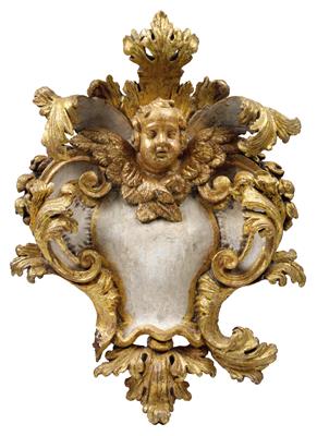 Head of angel above cartouche, - Oggetti d'arte (mobili, sculture, Vetri e porcellane)