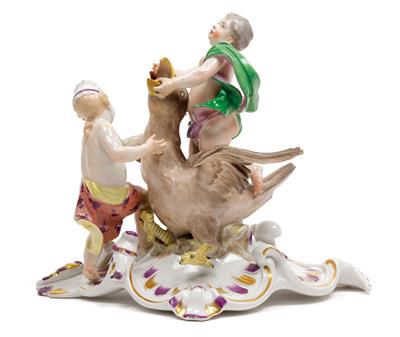 A boy and girl playing with a griffin, - Oggetti d'arte (mobili, sculture, Vetri e porcellane)