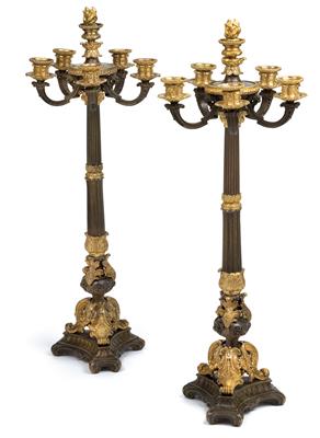 Pair of six-flame candelabra, - Starožitnosti (Nábytek, Sochařská díla, Sklo, Porcelán)