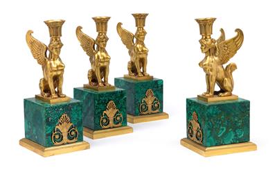 Rare set of four small malachite candle holders, - Starožitnosti (Nábytek, Sochařská díla, Sklo, Porcelán)