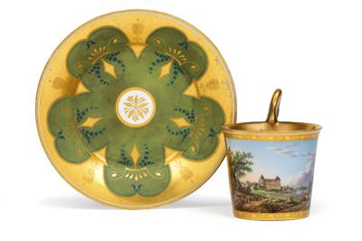 ‘Vue de l'Abbaye de Kloster-Neuburg’ A vedute cup and saucer, - Works of Art (Furniture, Sculptures, Glass, Porcelain)