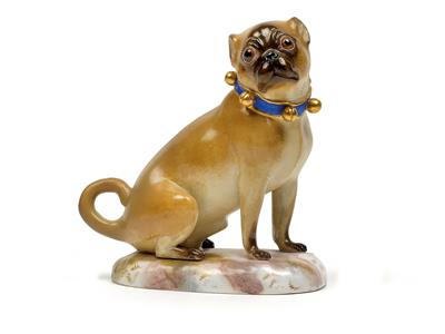 A pug dog with a blue collar, gold braid with bow and 6 gilt bells, - Works of Art (Furniture, Sculptures, Glass, Porcelain)