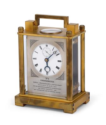 Viennese Historicism chronometer travel clock "Marenzeller No. 1" solid rectangular spring brass movement, - Oggetti d'arte (mobili, sculture, vetri e porcellane)