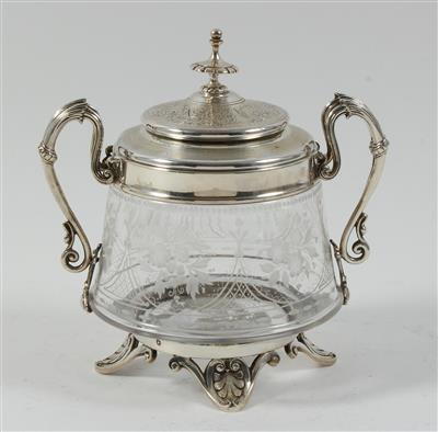 Französische Glasdeckeldose mit Silbermontierung, - Saisonabschluß-Auktion Bilder, Möbel und Antiquitäten