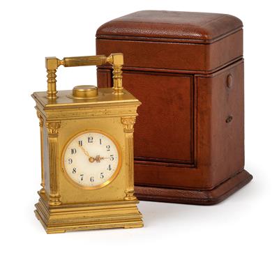 A small historicising travel clock with minute repeater in its original case - Works of Art (Furniture, Sculptures, Glass, Porcelain)
