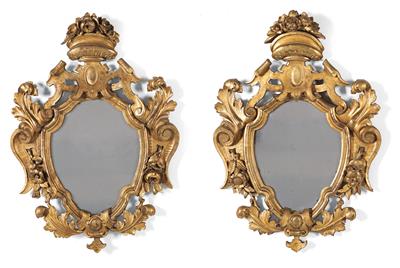 Pair of Baroque cartouche-shaped wall mirrors, - Starožitnosti (Nábytek, Sochařská díla, Sklo, Porcelán)