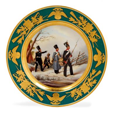 A Russian plate decorated with a military scene, dated 1844, - Works of Art (Furniture, Sculptures, Glass, Porcelain)