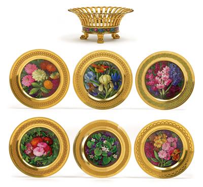 Dessertkorb mit 6 Blumen-Teller nach Ernst Sager, - Antiquitäten
