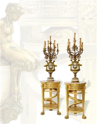 A pair of eight-flame candelabras on side tables, - Starožitnosti