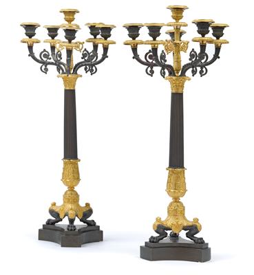 A pair of Charles X six-flame candelabras, - Works of Art