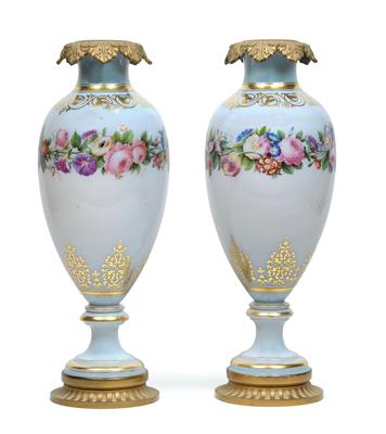 A pair of Opalin vases with 'bronze doré' mountings, - Works of Art