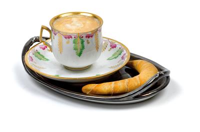 A trompe l'oeil Vienna breakfast with coffee cup and saucer containing "Melange" (coffee) as well as 1 croissant on a silver tray, - Starožitnosti
