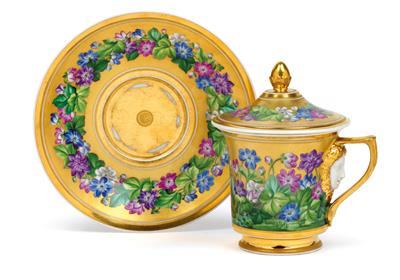 A lidded cup with saucer, - Works of Art