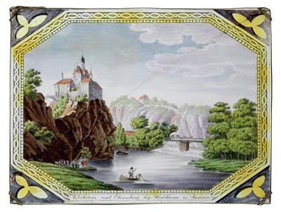 A glass painting 'Kriebstein und Ehrenburg bey Waldheim in Sachsen', probably Samuel Mohn, - Starožitnosti