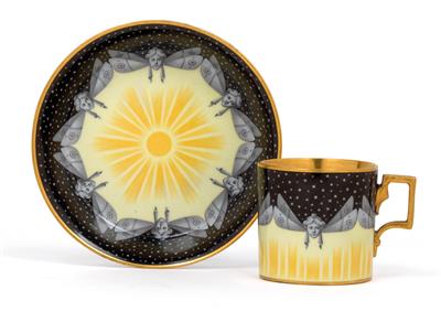 A cup and saucer, decorated with white stars in a black sky, 6 Cherubim and sun rays on a light yellow ground, - Works of Art