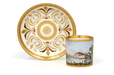 “Vue du Chateau de Hadersdorf avec une partie du jardin” - A veduta cup and saucer, - Starožitnosti