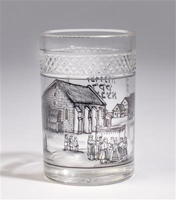 A beaker in leather case featuring a wedding ceremony in a Shtetl, dated 1863, - Works of Art