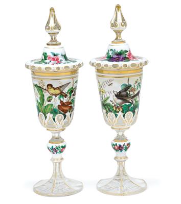 A pair of cups with covers with birds on foliate and flower branches, - Works of Art