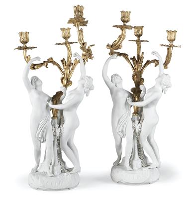 Pair of  porcelain and bronze candelabras, - Works of Art