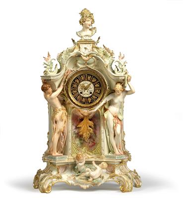 A porcelain clock case decorated with "Weichmalerei", with movement, for the 1904 St Louis World Fair, - Starožitnosti