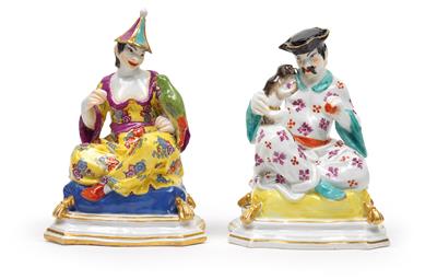 A Chinese man with monkey and a Chinese woman with green Amazon parrot as incense burners, - Nábytek