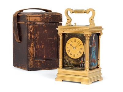A French travelling clock and case with enamel décor - Furniture and works of art