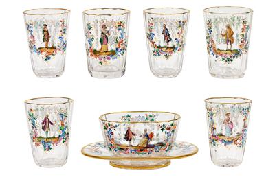 A Lobmeyr bowl with presentoir and 6 beakers in “Rococo style”, - Starožitnosti - Nábytek, Sochařská díla, Sklo a Porcelán
