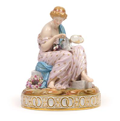 A young lady feeding 2 pigeons, - Works of Art - Furniture, Sculptures, Glass and Porcelain