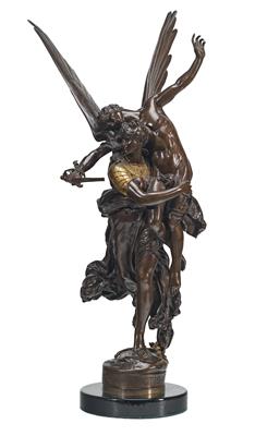 "GLORIA VICTIS" - doppelfiguriger, großteils patinierter Bronzeguss - Möbel und dekorative Kunst, Skulpturen und Antiquitäten, Glas und Porzellan