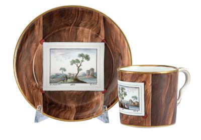 A Cup and Saucer with Wood Grain and Postcards, - Starožitnosti