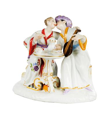 A Japanese Amorous Couple Embracing, Before Them a Guéridon with Pot and Cups, - Furniture, Porcelain, Sculpture and Works of Art